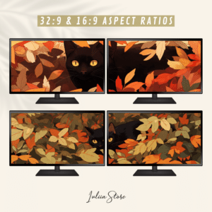 Fall Dual Monitor Wallpaper, Aesthetic Black Cat & Autumn Leaves Design for Extended Desktop Backgrounds, Season Double Screen Wallpapers - photo #2