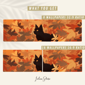 Fall Dual Monitor Wallpaper, Aesthetic Black Cat & Autumn Leaves Design for Extended Desktop Backgrounds, Season Double Screen Wallpapers - photo #3