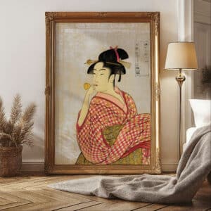 Girl Blowing Vidro Woodblock Print, Stunning Bijin-ga Art Reproduction by Kitagawa Utamaro, Perfect for Traditional Japanese Art Enthusiasts