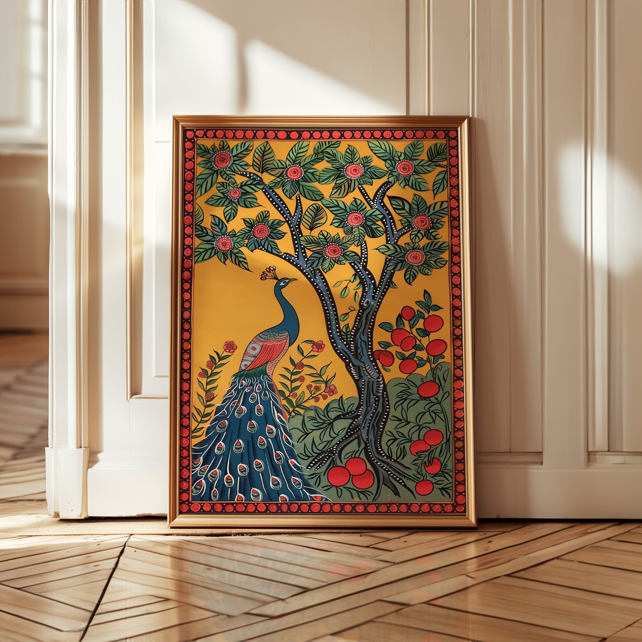 Peacock and Mango Tree Madhubani Art Print, Traditional Indian Folk Art Wall Decor for Home, Unique Poster Gift for Art Lovers