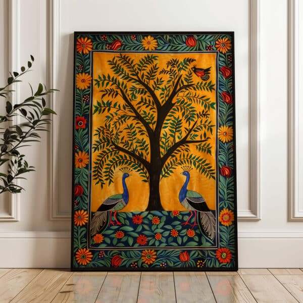 Peacocks and Tree Madhubani Folk Art, Colorful Floral Print for Wall Art, Ideal for Ethnic Home Styling, Thoughtful Indian Painting Art Gift