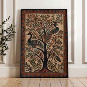 Beige & Red Peacocks and Tree Madhubani Art, Indian Folk Art Print for Home Decor, Perfect Traditional Wall Art Gift for Art Lovers - photo #9