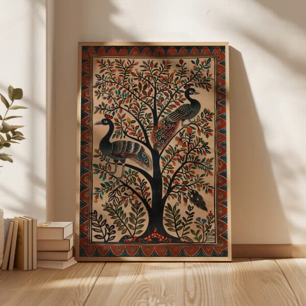 Beige & Red Peacocks and Tree Madhubani Art, Indian Folk Art Print for Home Decor, Perfect Traditional Wall Art Gift for Art Lovers