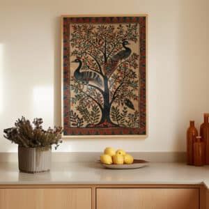 Beige & Red Peacocks and Tree Madhubani Art, Indian Folk Art Print for Home Decor, Perfect Traditional Wall Art Gift for Art Lovers - photo #3