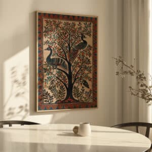 Beige & Red Peacocks and Tree Madhubani Art, Indian Folk Art Print for Home Decor, Perfect Traditional Wall Art Gift for Art Lovers - photo #5