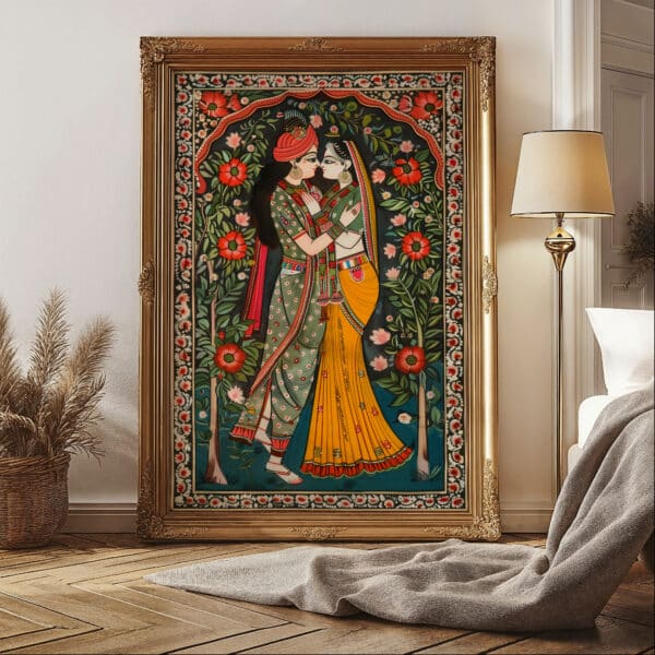 Madhubani Painting Style Art of Radha Krishna, Vibrant Traditional Indian Art for Home Decor, Perfect Hindu God Gift for Art Lovers