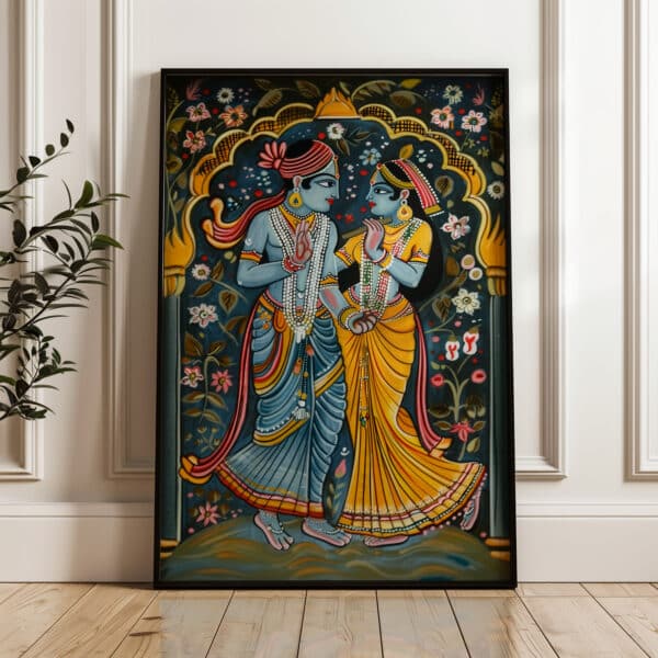 Madhubani Folk Art Wall Art, Indian Captivating Krishna and Radha Painting for Cultural Home Decor, Thoughtful Hindu Gift Idea