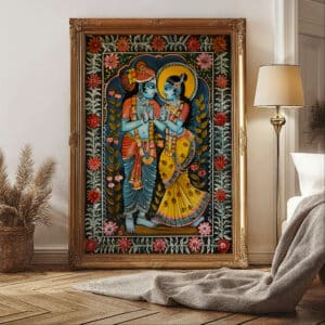 Indian Madhubani Wall Art Print Featuring Krishna and Radha, Vibrant Folk Artwork for Indian Home Décor or Hindu Festival Gifts - photo #4