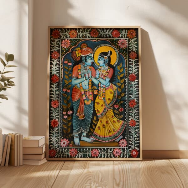 Indian Madhubani Wall Art Print Featuring Krishna and Radha, Vibrant Folk Artwork for Indian Home Décor or Hindu Festival Gifts