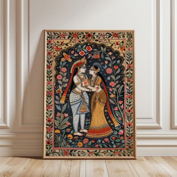 Indian Wall Art Print, Vibrant Madhubani Krishna and Radha Artwork for Home Decor, Ideal Gift for Art Lovers and Spiritual Occasions