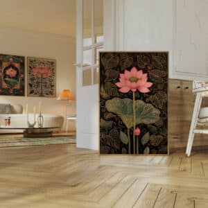 Elegant Black and Gold Indian Pink Lotus Print, Floral Mughal Motif and Traditional Madhubani Poster, Pichwai Artwork for Wall Decor - photo #2