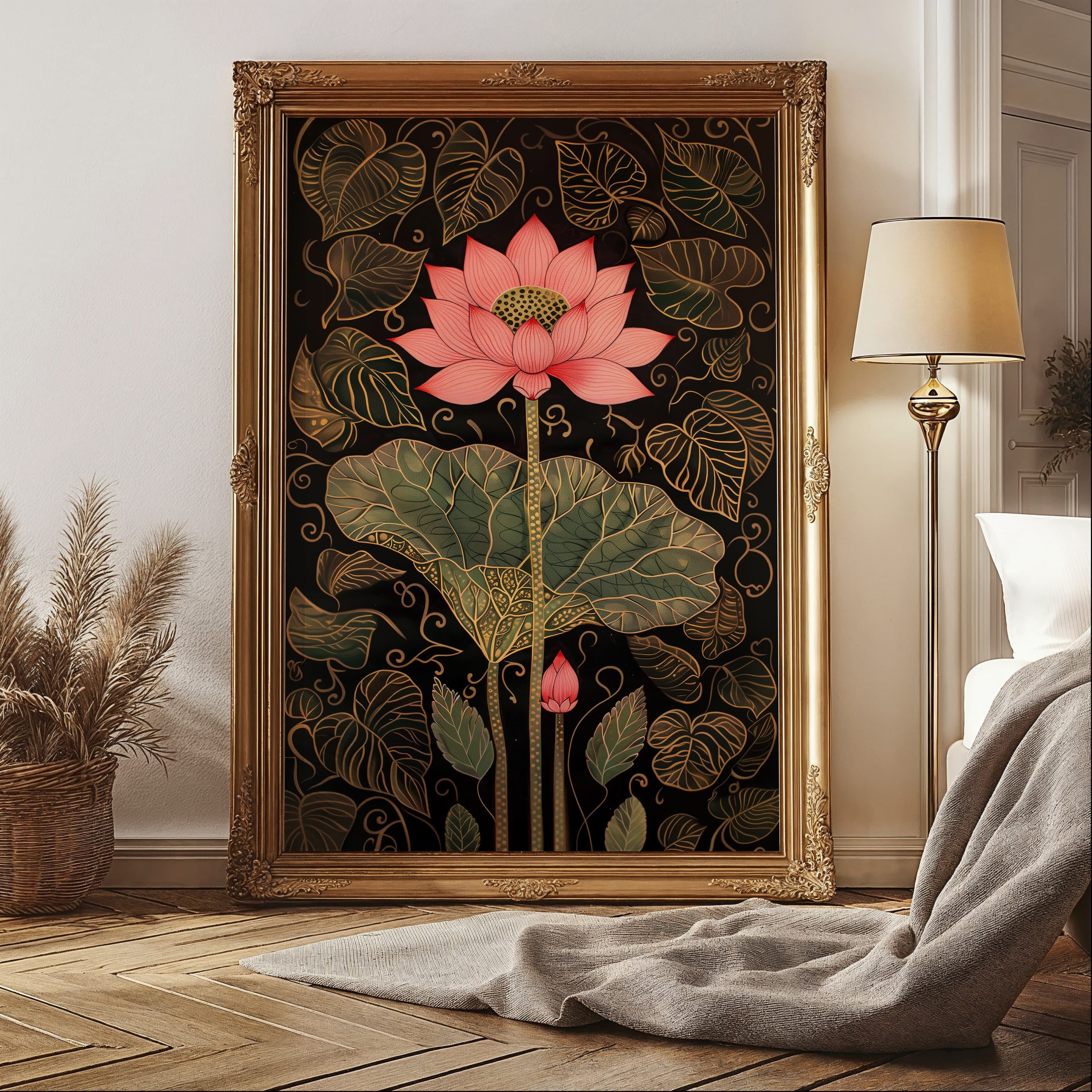 Elegant Black and Gold Indian Pink Lotus Print, Floral Mughal Motif and Traditional Madhubani Poster, Pichwai Artwork for Wall Decor