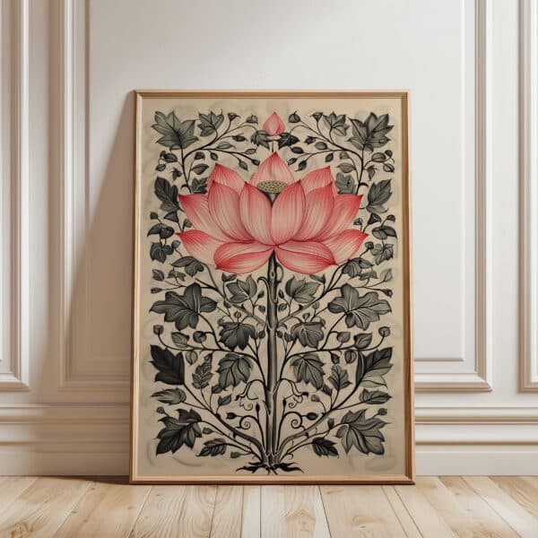 Indian Floral Wall Decor Poster, Pink Lotus Mughal Art Print, Traditional Madhubani and Pichwai Folk Artwork for Home and Office Decor