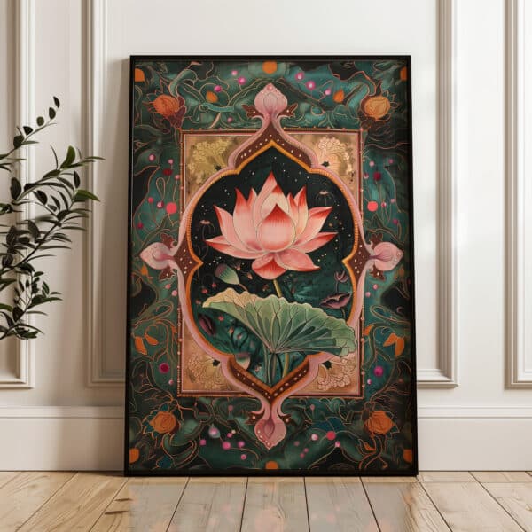 Indian Pink Lotus Print Dark Green Pichwai Wall Art, Vintage Mughal Style Poster, Contemporary Madhubani Style Art Poster for Home Decor