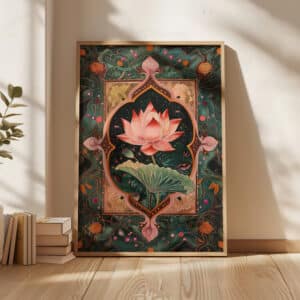 Indian Pink Lotus Print Dark Green Pichwai Wall Art, Vintage Mughal Style Poster, Contemporary Madhubani Style Art Poster for Home Decor - photo #7