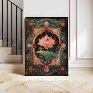 Indian Pink Lotus Print Dark Green Pichwai Wall Art, Vintage Mughal Style Poster, Contemporary Madhubani Style Art Poster for Home Decor - photo #4