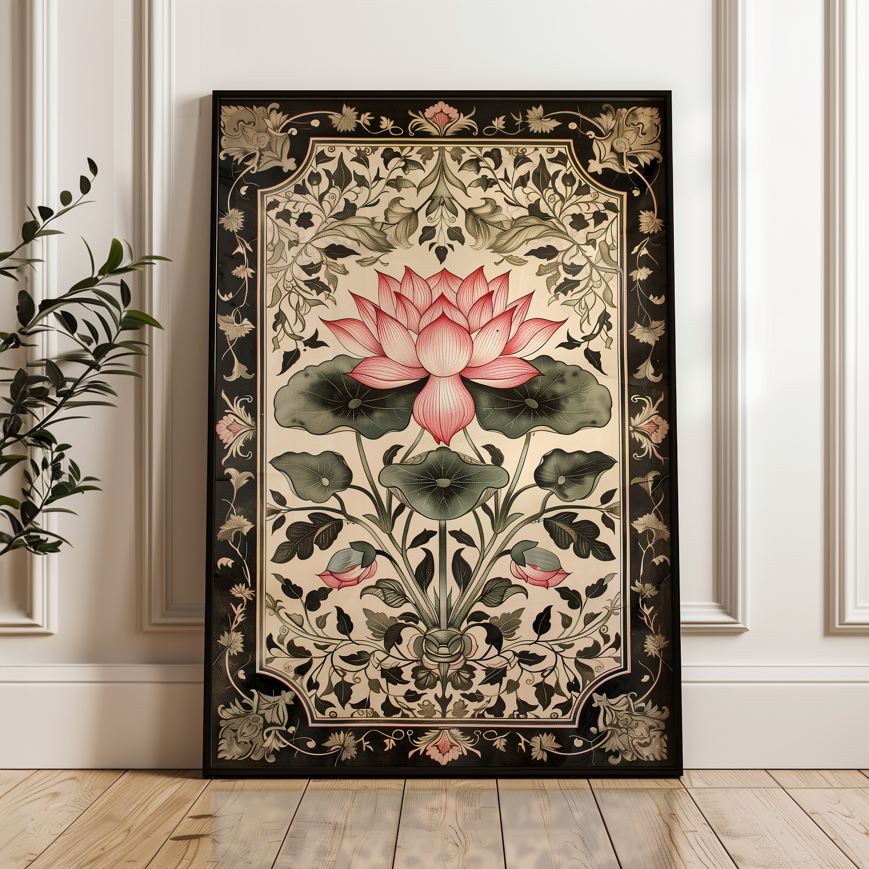 Floral Mughal Wall Art, Indian Lotus Print in Gentle Beige, Mughal and Madhubani Style Folk Poster, Pink Flower Pichwai Art Decor