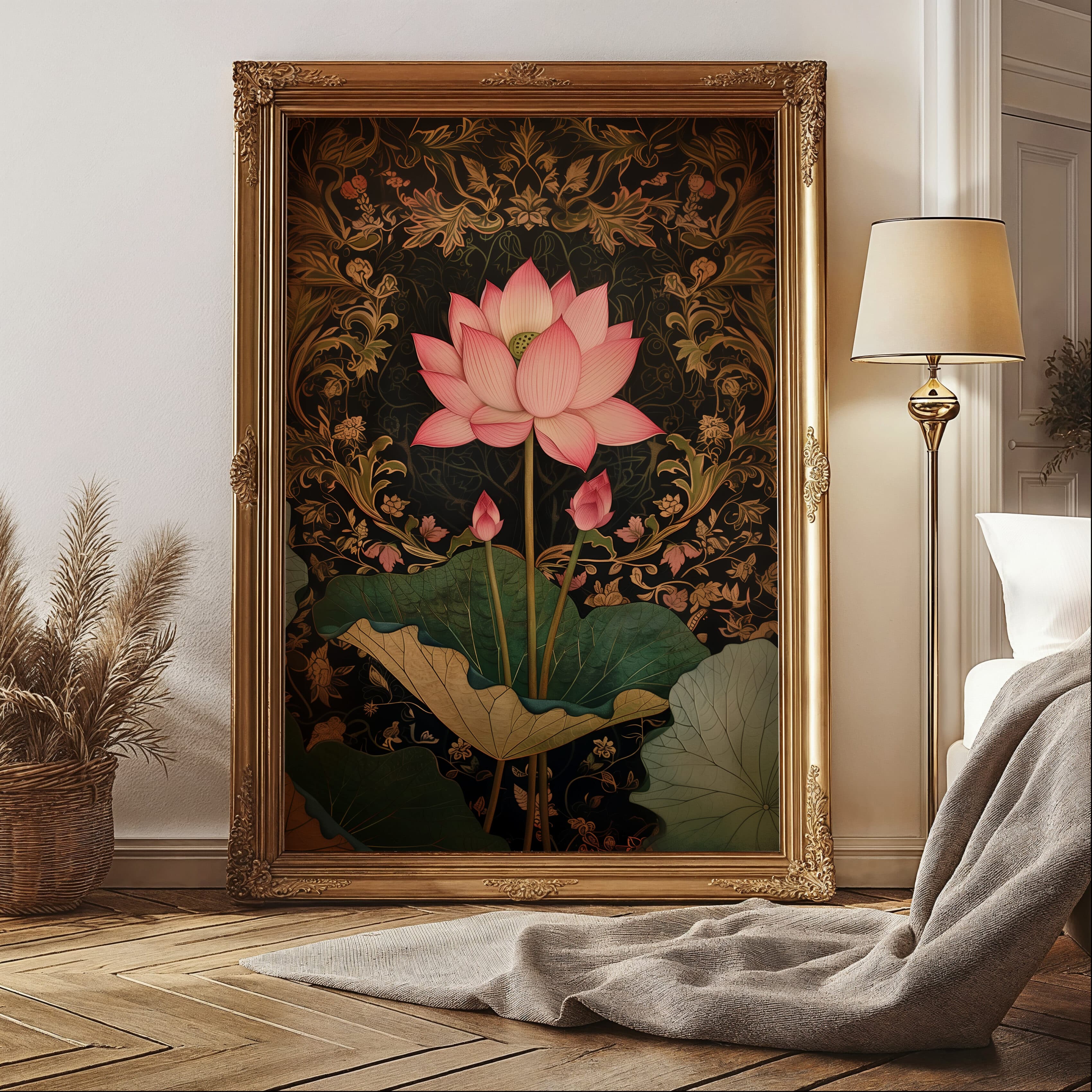 Elegant Black & Gold Indian Art, Mughal Style Pink Lotus Print, Modern Floral Wall Art, Contemporary Madhubani Folk and Pichwai Motif