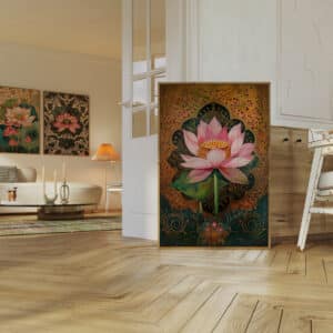 Pink Lotus & Gold Accents Art, Mughal Folk Style Print, Indian Floral Decor, Contemporary Wall Decor, Pichwai and Madhubani Motif Artwork - photo #3