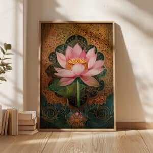 Pink Lotus & Gold Accents Art, Mughal Folk Style Print, Indian Floral Decor, Contemporary Wall Decor, Pichwai and Madhubani Motif Artwork - photo #7