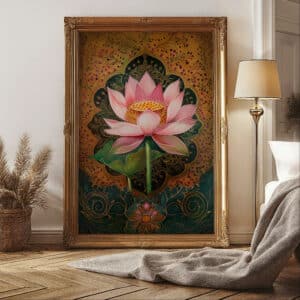 Pink Lotus & Gold Accents Art, Mughal Folk Style Print, Indian Floral Decor, Contemporary Wall Decor, Pichwai and Madhubani Motif Artwork - photo #2