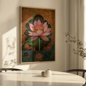 Pink Lotus & Gold Accents Art, Mughal Folk Style Print, Indian Floral Decor, Contemporary Wall Decor, Pichwai and Madhubani Motif Artwork - photo #6