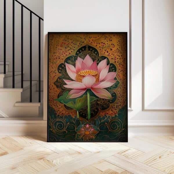 Pink Lotus & Gold Accents Art, Mughal Folk Style Print, Indian Floral Decor, Contemporary Wall Decor, Pichwai and Madhubani Motif Artwork