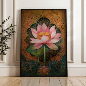 Pink Lotus & Gold Accents Art, Mughal Folk Style Print, Indian Floral Decor, Contemporary Wall Decor, Pichwai and Madhubani Motif Artwork - photo #5