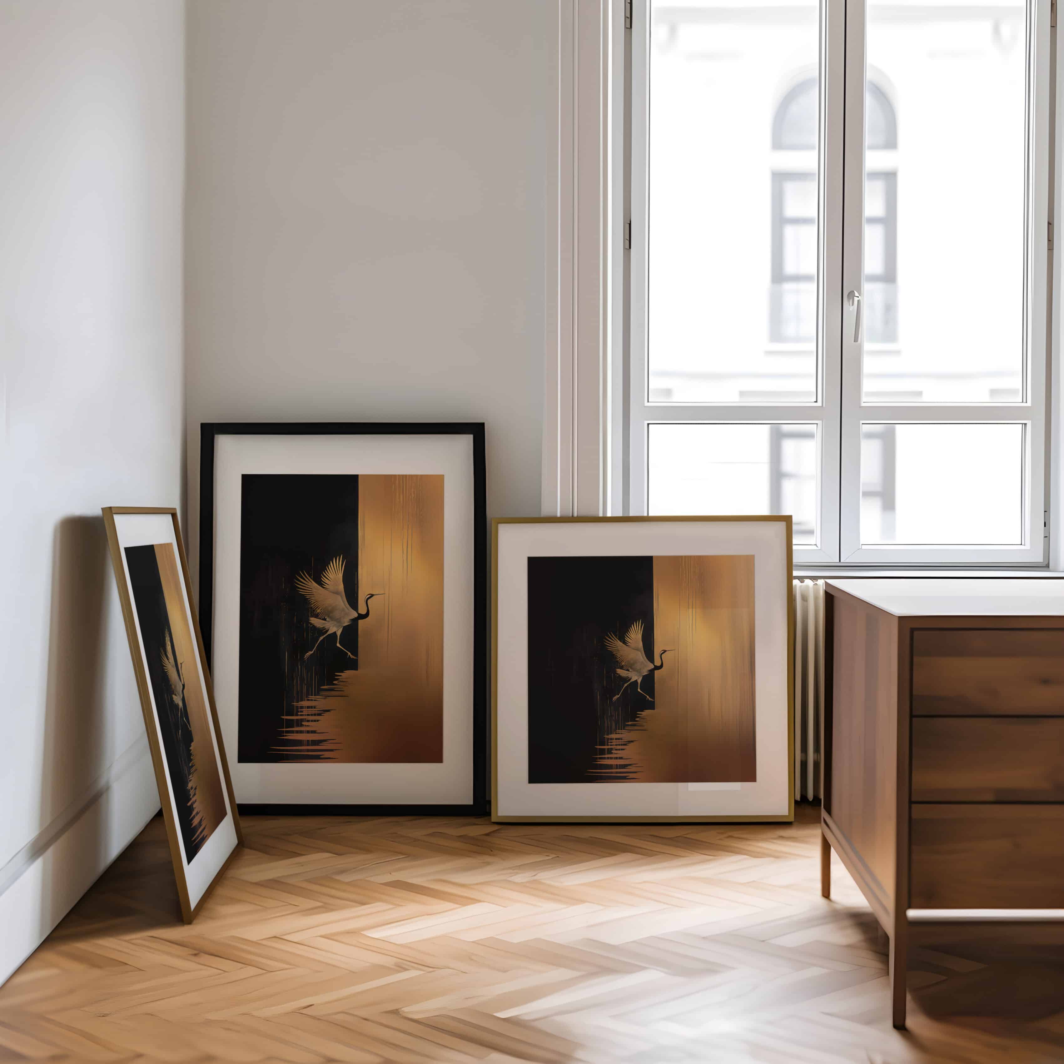 Unique Black and Gold Print, Elegant Japanese Crane Artwork, Stunning Wall Décor for Home, Perfect Cultural Art Gift