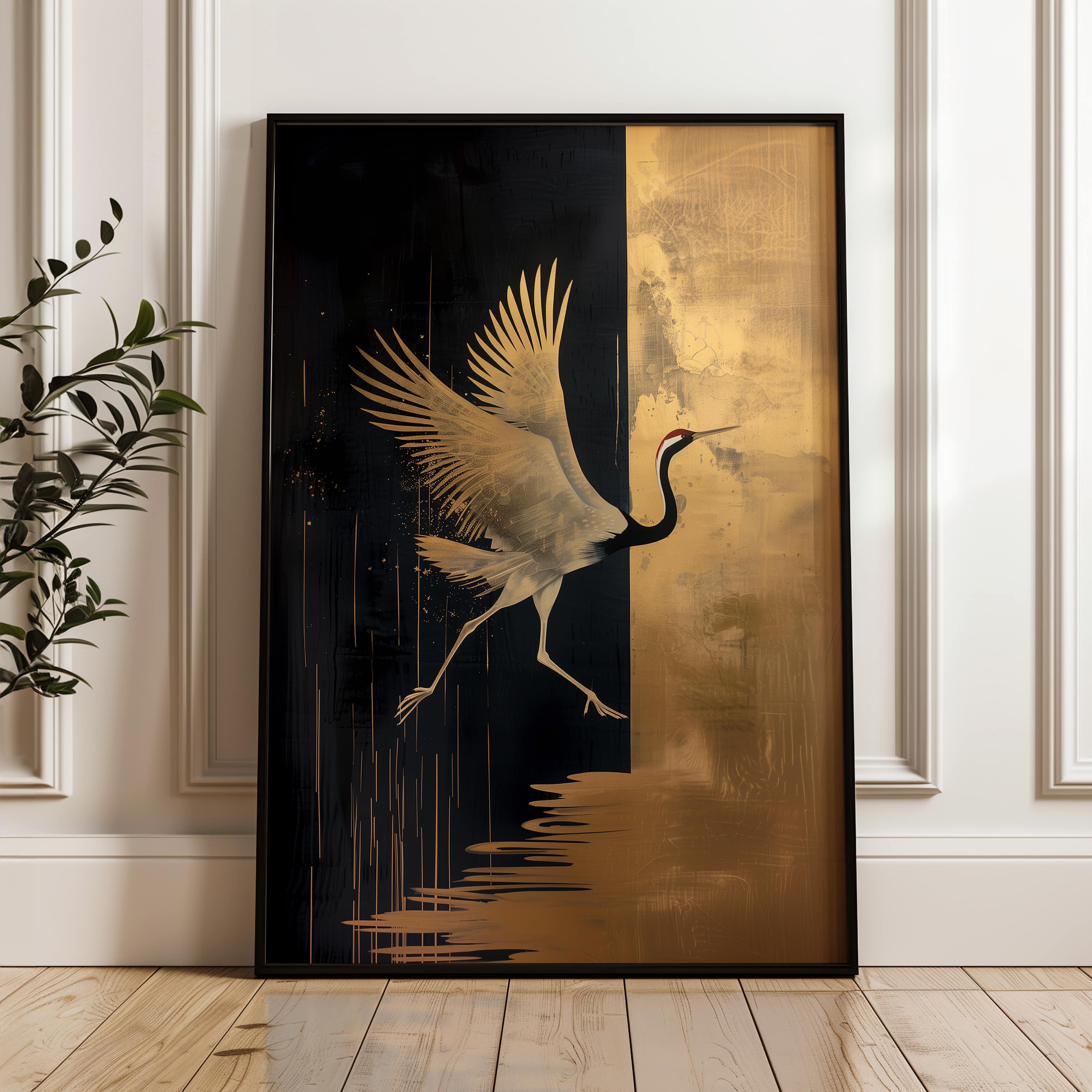 Black and Gold Japanese Crane Print, Captivating Artwork for Modern Spaces, Elegant Flying Crane Artwork Wabi Sabi Wall Art for Chic Interiors