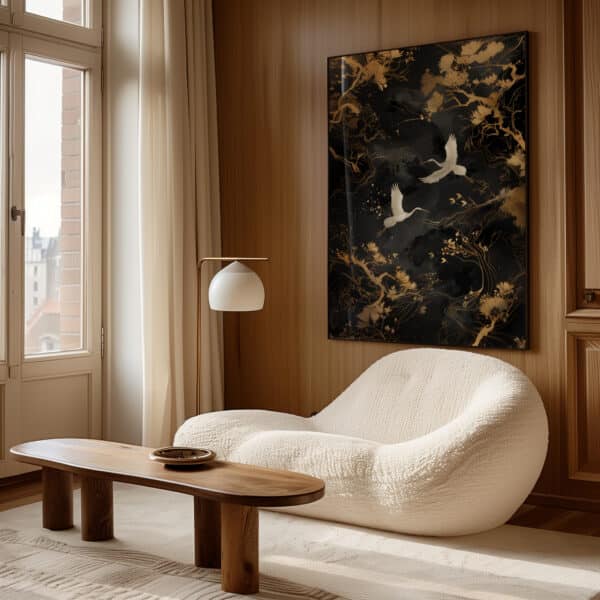 Black and Gold Japanese Cranes Print, Chic Japandi Wall Art for Modern Eclectic Decor, Elegant Wabi-Sabi Wall Art for Minimalist Home