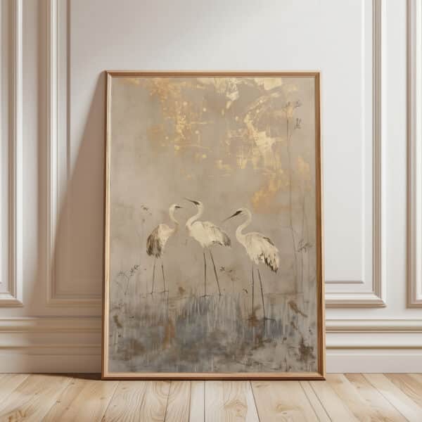 Beige and Gold Japanese Cranes Print, Elegant Japanese Crane Artwork Featuring Minimalist Design, Perfect for Sophisticated Wall Decor Gifts