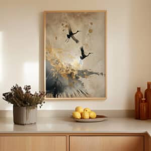 Vintage Japanese Flying Cranes Artwork with Gold Details, Neutral Beige Wall Art with Wabi Sabi Charm, Minimalist Art for Japandi Decor - photo #9