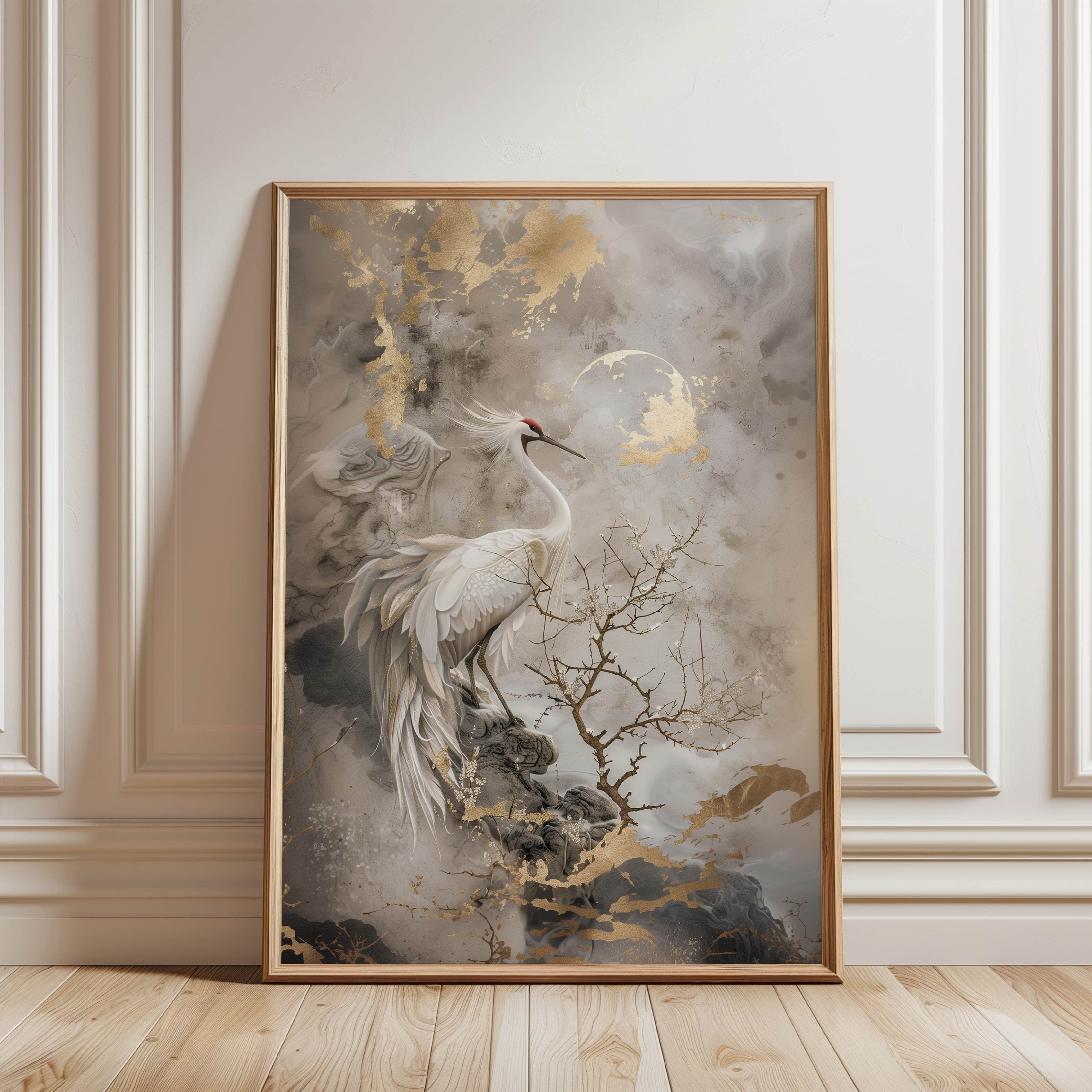 Japanese Crane Print Elegant Gold Detail Art for Japandi Decor, Neutral Wabi Sabi Bird Artwork, Vintage Charm for Eclectic Spaces