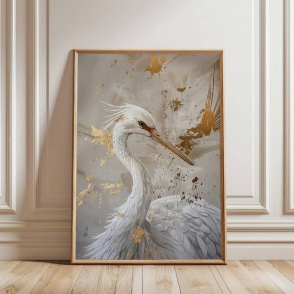 Neutral Beige Crane Artwork, Japanese Crane Print with Gold Accents, Elegant & Cultural Wall Art, Vintage & Minimalist Poster Decor