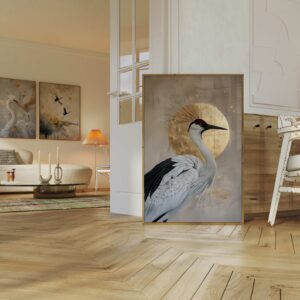 Japanese Red-Crowned Crane & Gold Moon Wall Art, Elegant Japandi Minimalist Print for Modern and Neutral Home Décor - photo #3