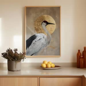 Japanese Red-Crowned Crane & Gold Moon Wall Art, Elegant Japandi Minimalist Print for Modern and Neutral Home Décor - photo #4