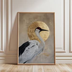 Japanese Red-Crowned Crane & Gold Moon Wall Art, Elegant Japandi Minimalist Print for Modern and Neutral Home Décor - photo #7