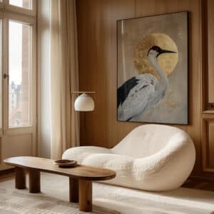 Japanese Red-Crowned Crane & Gold Moon Wall Art, Elegant Japandi Minimalist Print for Modern and Neutral Home Décor - photo #6