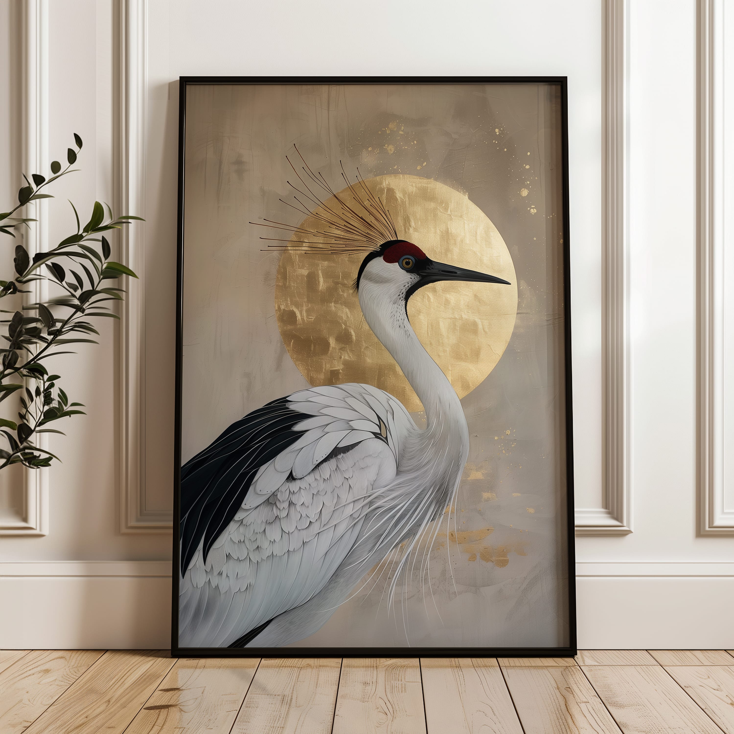 Japanese Red-Crowned Crane & Gold Moon Wall Art, Elegant Japandi Minimalist Print for Modern and Neutral Home Décor