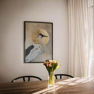 Japanese Red-Crowned Crane & Gold Moon Wall Art, Elegant Japandi Minimalist Print for Modern and Neutral Home Décor - photo #9