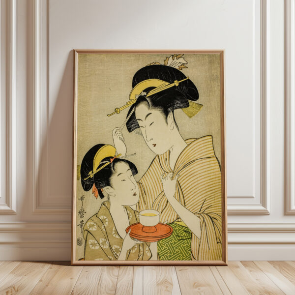 A Young Girl Offering Tea to Another Elegant Kitagawa Utamaro Bijin-ga Artwork, Woodblock Art for Japanese Culture and Home Decor Gift