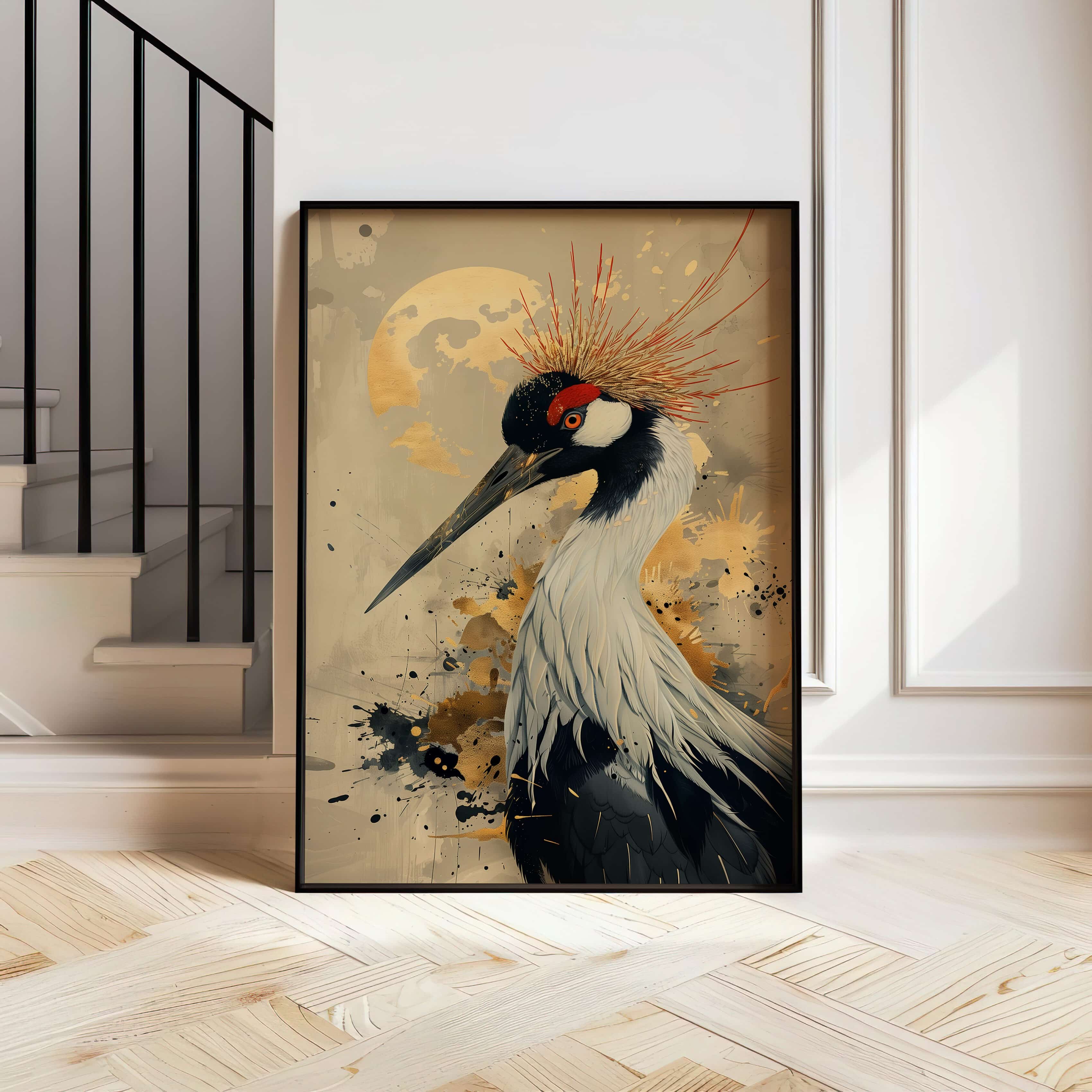 Extra Large Neutral Japanese Red Crowned Crane Artwork, Unique Gold Accented Bird Art Print, Wabi Sabi & Japandi Style Home Decor