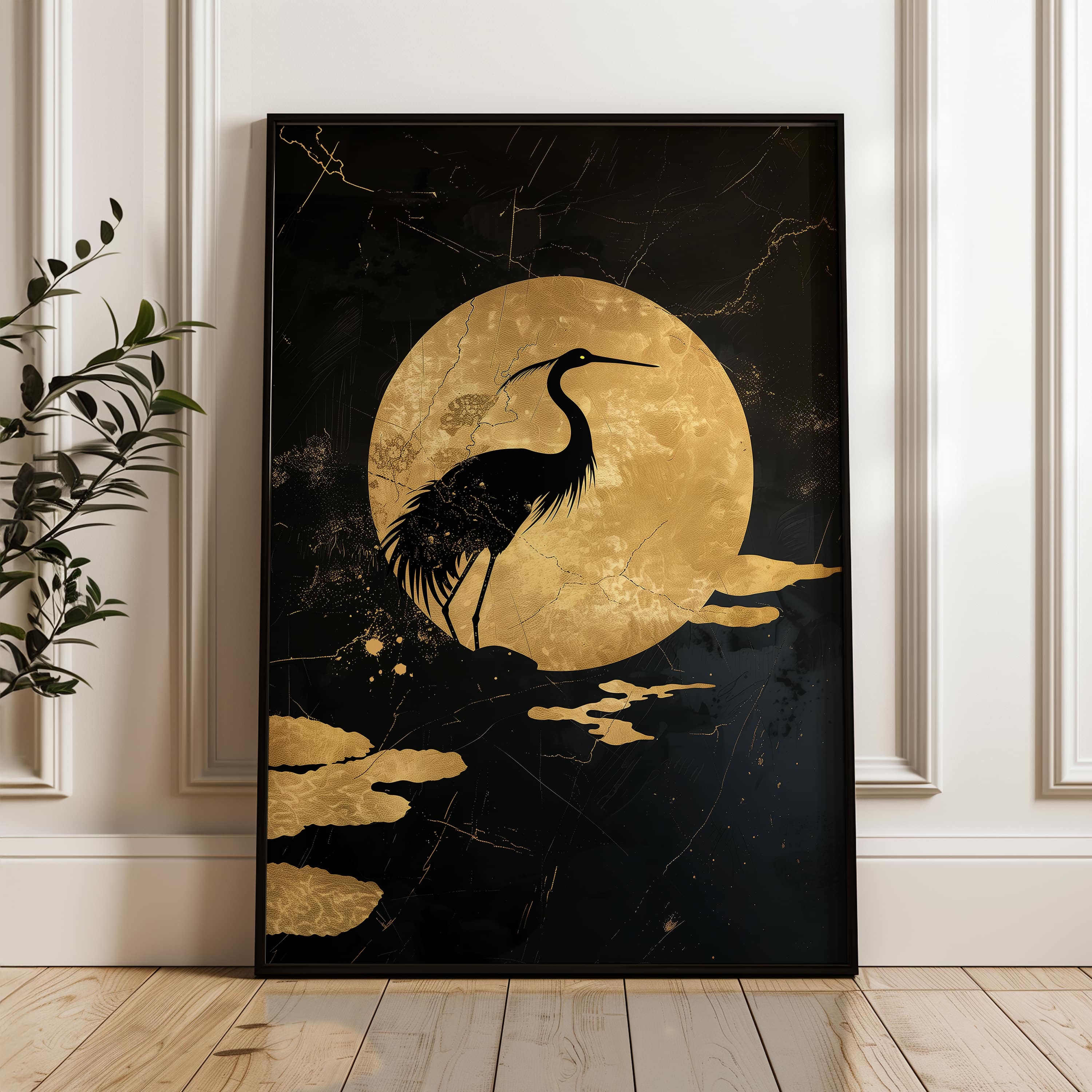 Elegant Black Crane & Gold Moon Art, Japanese Minimalist Print for Wabi Sabi Decor, Extra Large Gold Accented Décor for Eclectic Spaces