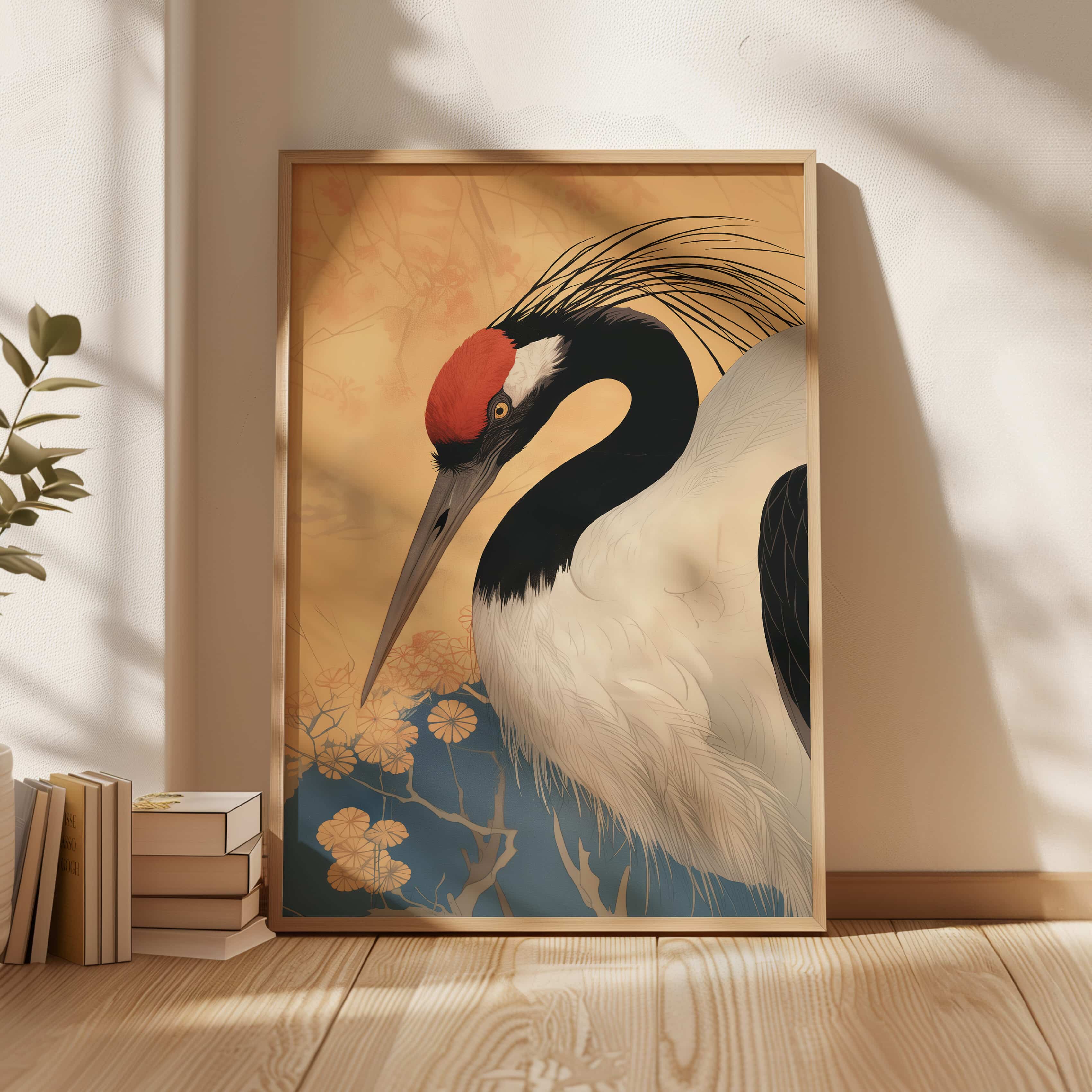 Traditional Japanese Red Crowned Crane Print, Elegant Beige Artwork Poster for Neutral and Japandi Wall Decor, Unique Gift for Bird Lovers