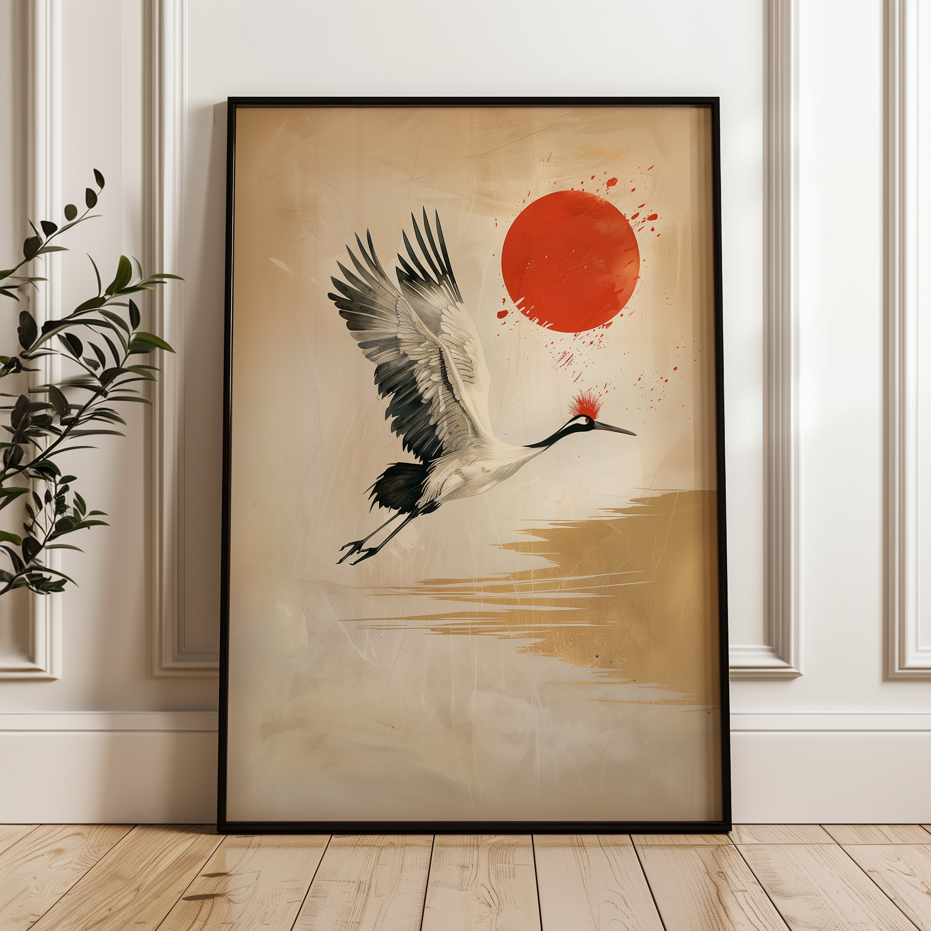 Vintage Style Japanese Beige and Gold Crowned Crane and Red Moon Print, Elegant Bird Wall Art for Minimalist Decor, Unique Gift for Nature Lovers