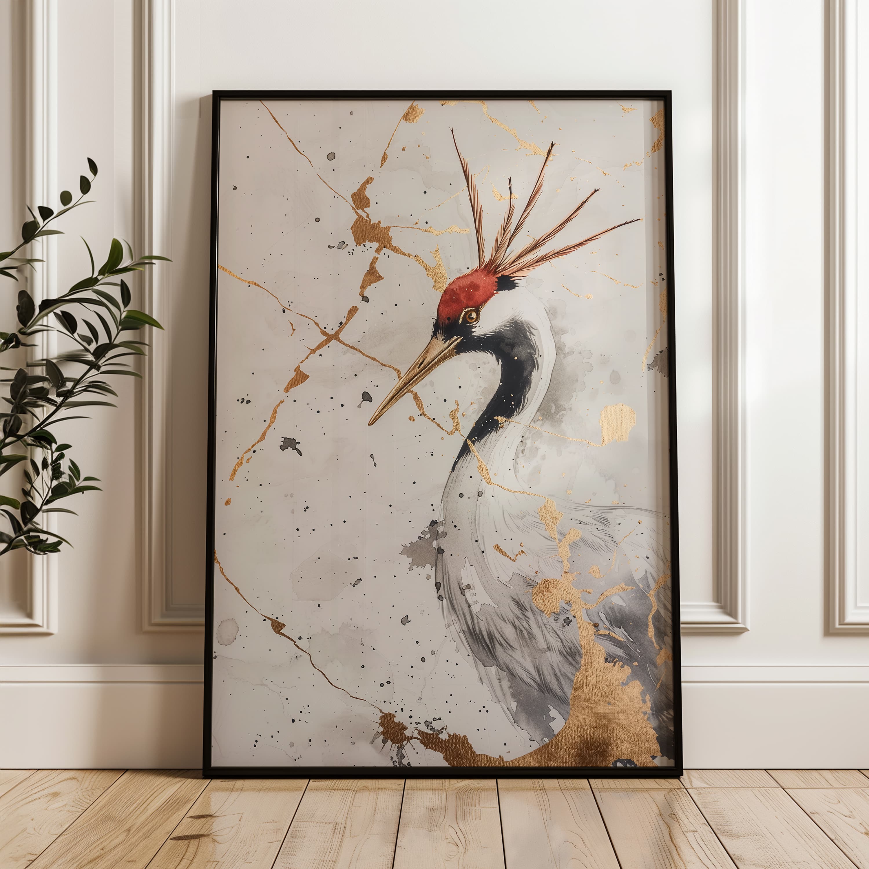 Elegant Japanese Red Crown Crane Artwork with Gold Highlights, Exquisite Wall Art for Eclectic Spaces, Perfect Gift for Any Occasion