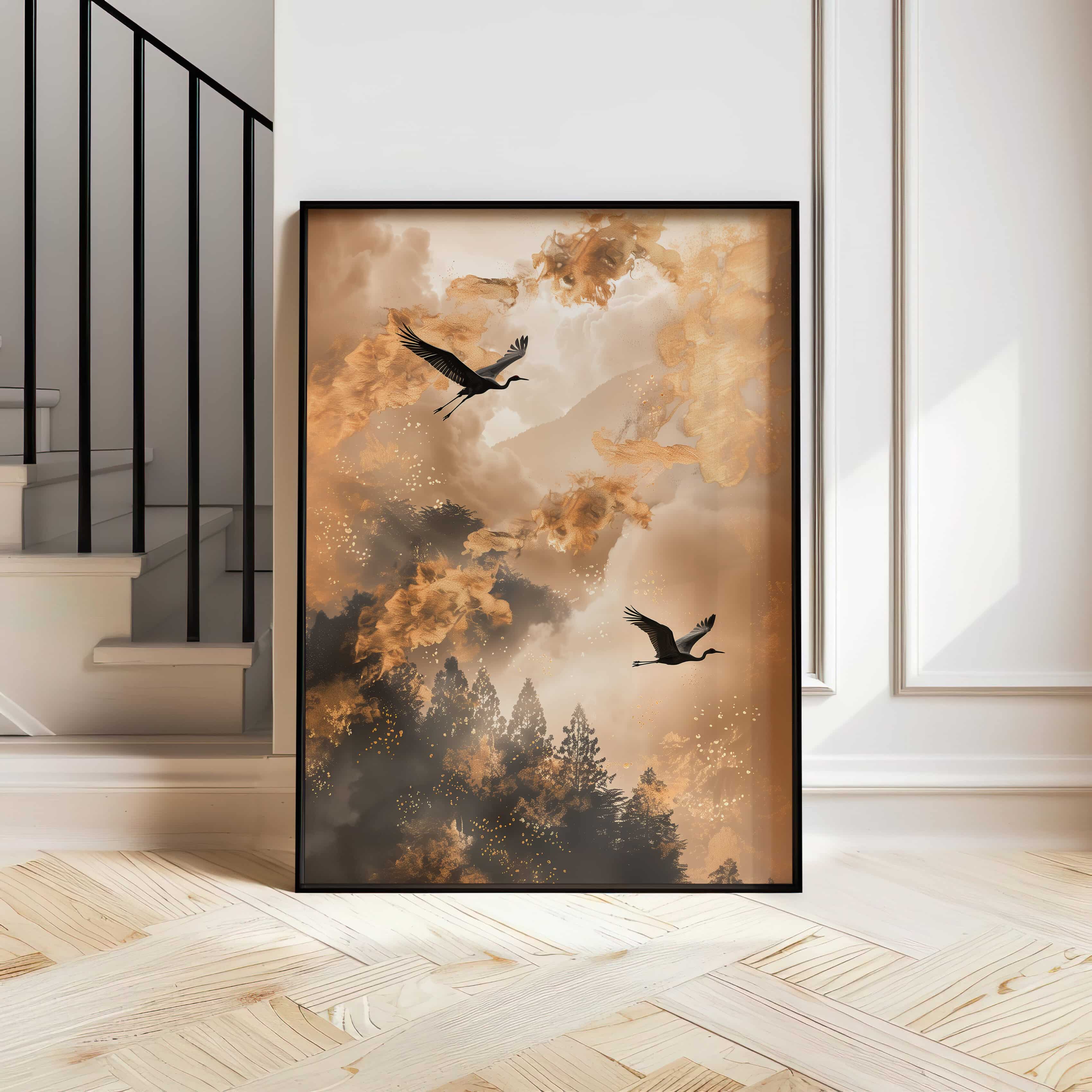 Beige & Gold Minimalist Japandi Print of Japanese Flying Cranes, Elegant Wall Art for Neutral Eclectic Decor, Unique Gift for Bird Lovers