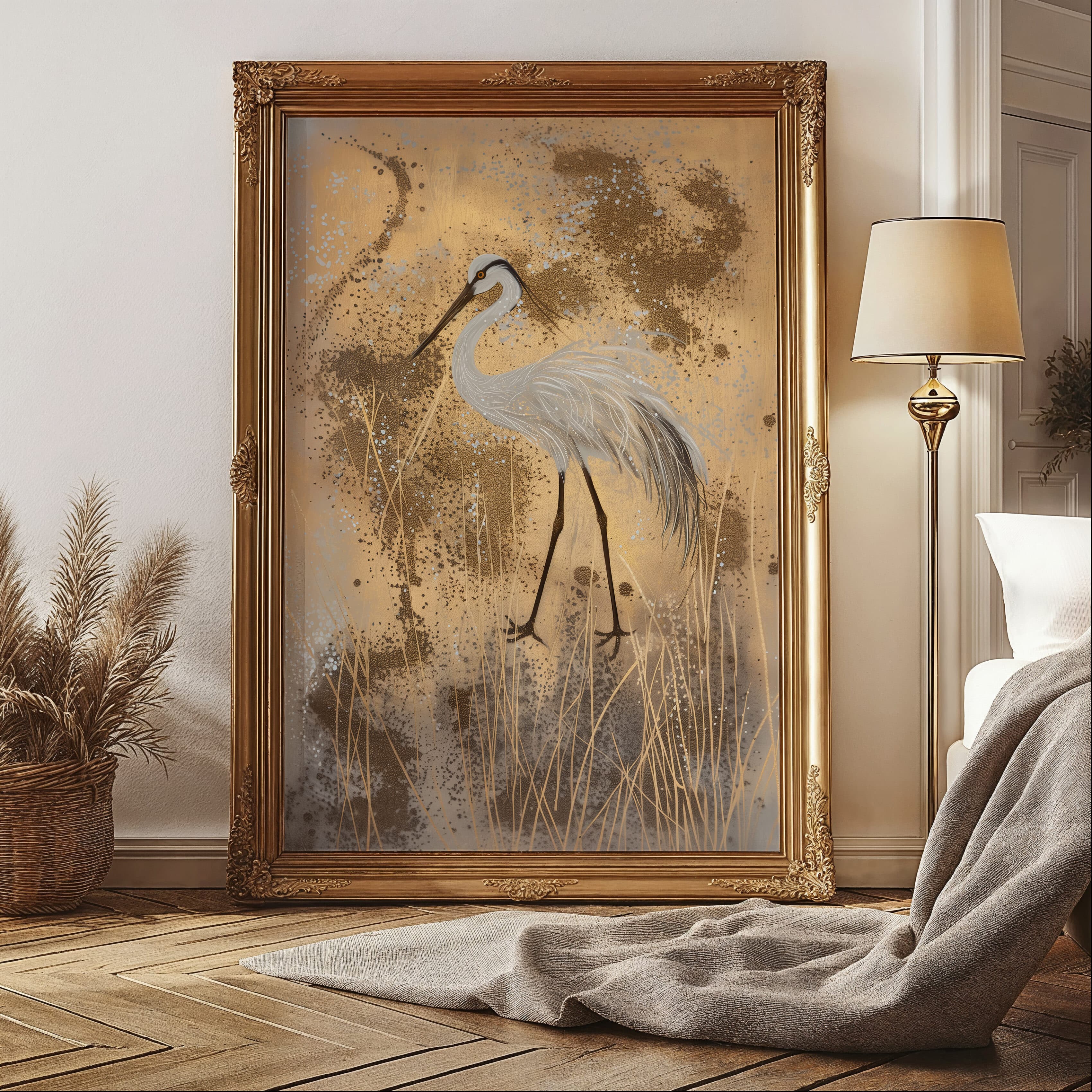 Beige & Gold Japanese Crane Print Wall Art, Elegant Minimalist Artwork for Home Decor, Vintage Style Heron Artwork, Ideal Gift for Art Enthusiasts