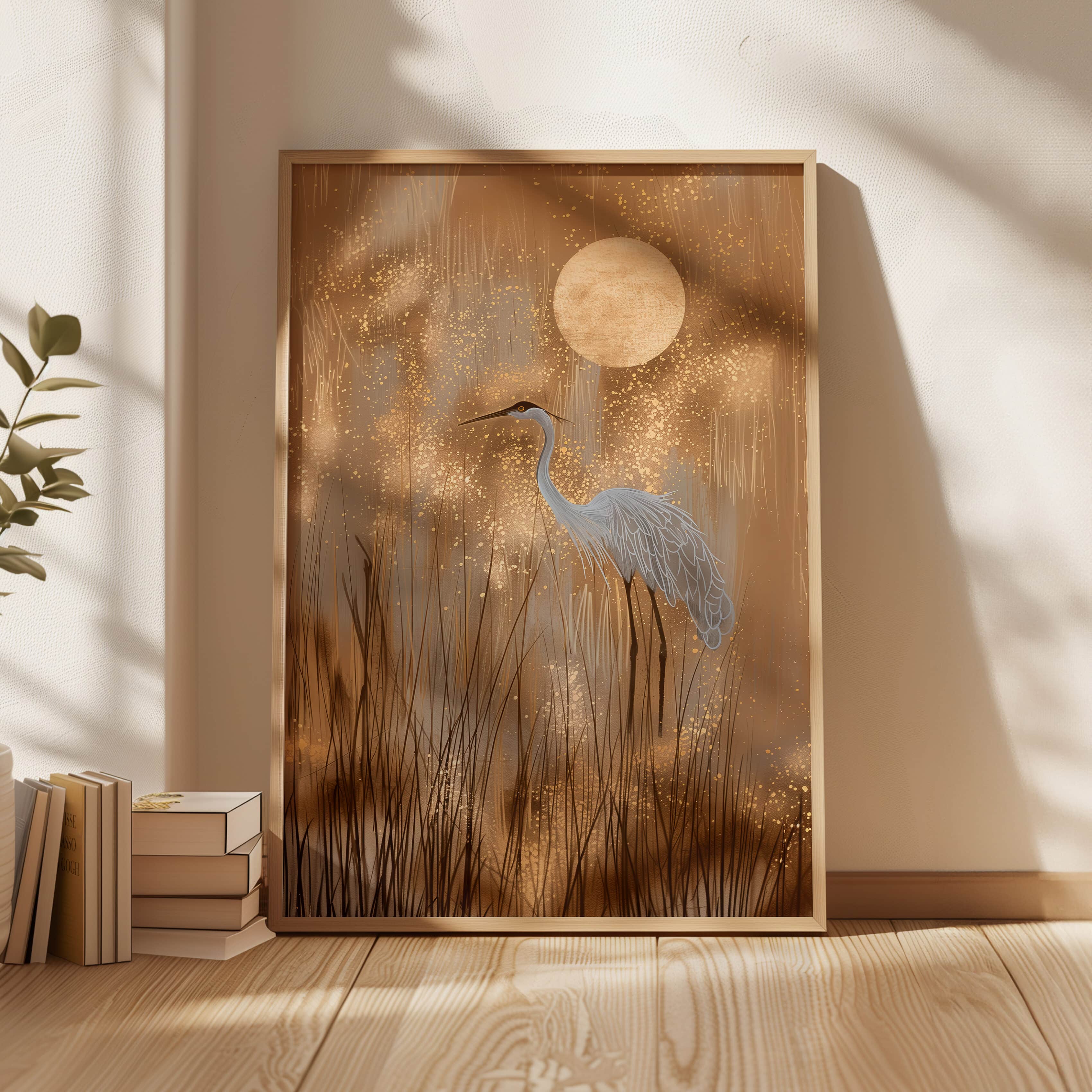 Beige and Gold Japanese Crane and Moon Print, Elegant Minimalist Wall Art for Eclectic Home Decor, Cultural Wabi Sabi Artwork for Japandi Style